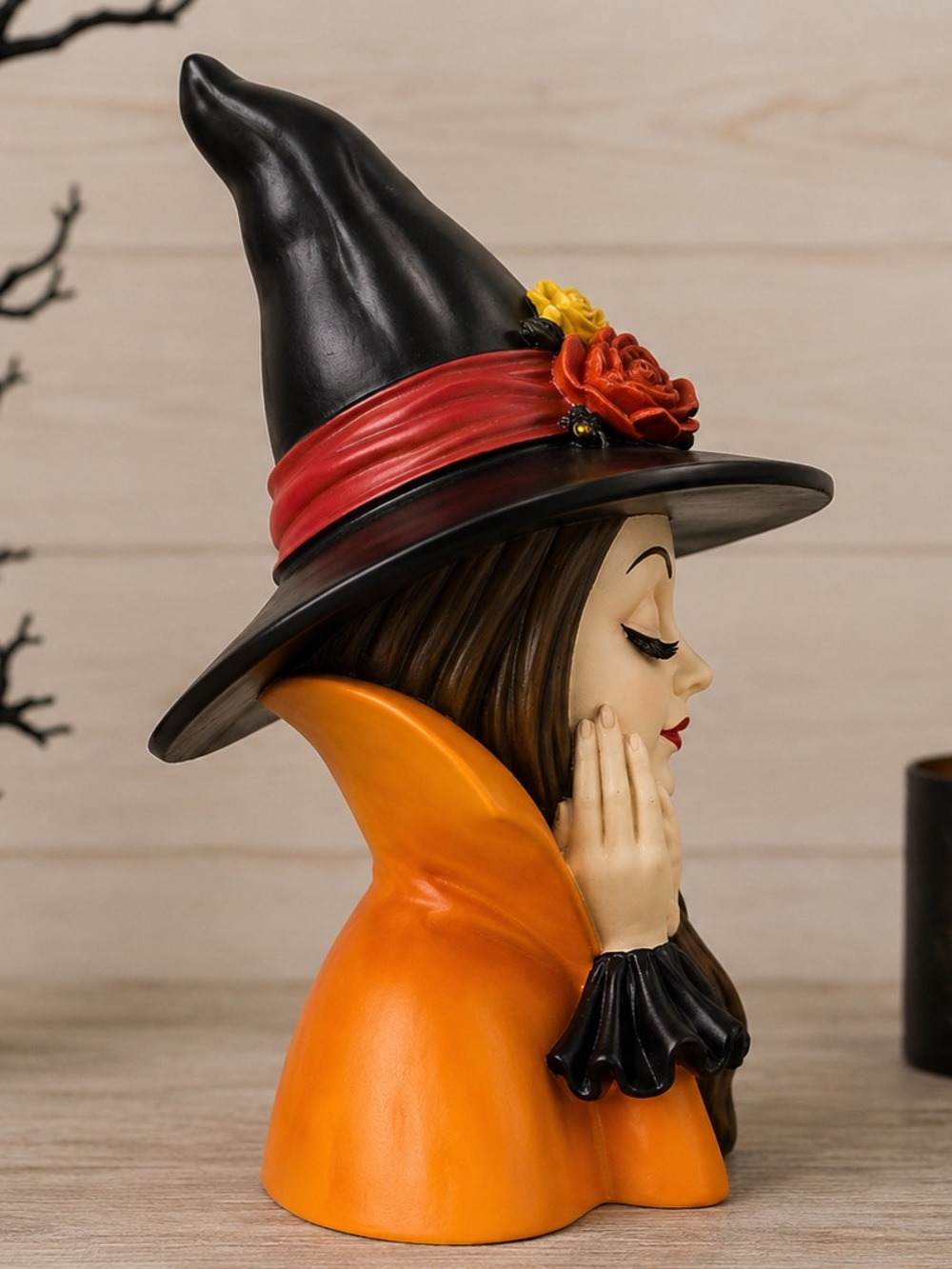 Bella Lux Halloween Glam Witch Bust with Floral Hat & Spider Web Viral - Picture 3 of 4
